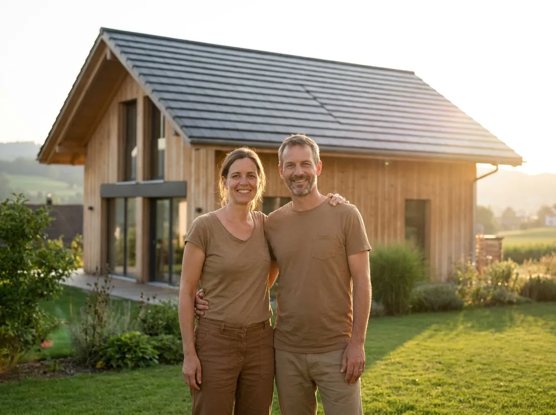 Zufriedenes Paar vor dem Eigenheim mit Solaranlage im Abendlicht